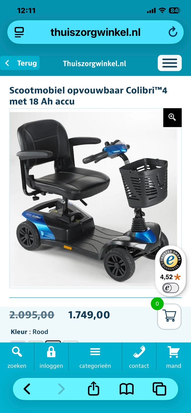 Te koop scootmobiel invacare Colibrie, Ophalen, 15 km of minder, 11 t/m 15 km/u, Invacare