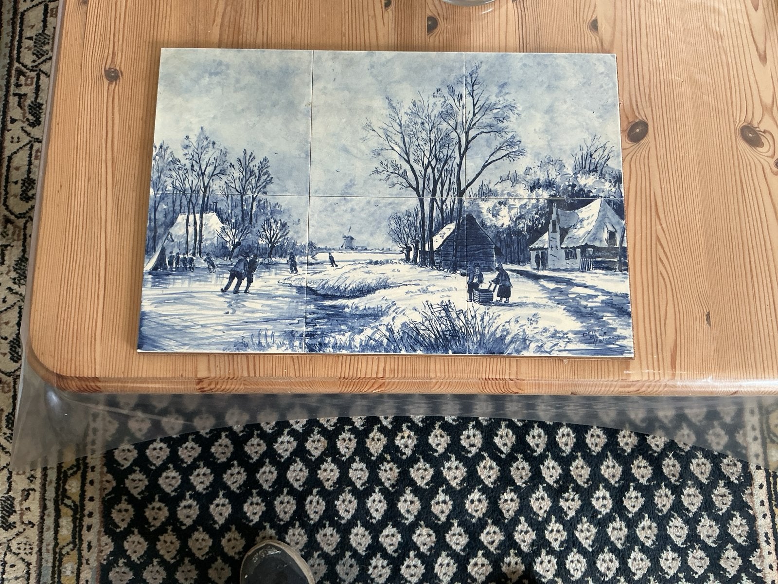 Delfts Blauw Tegeltableau Schaatsers Winterlandschap, Ophalen of Verzenden