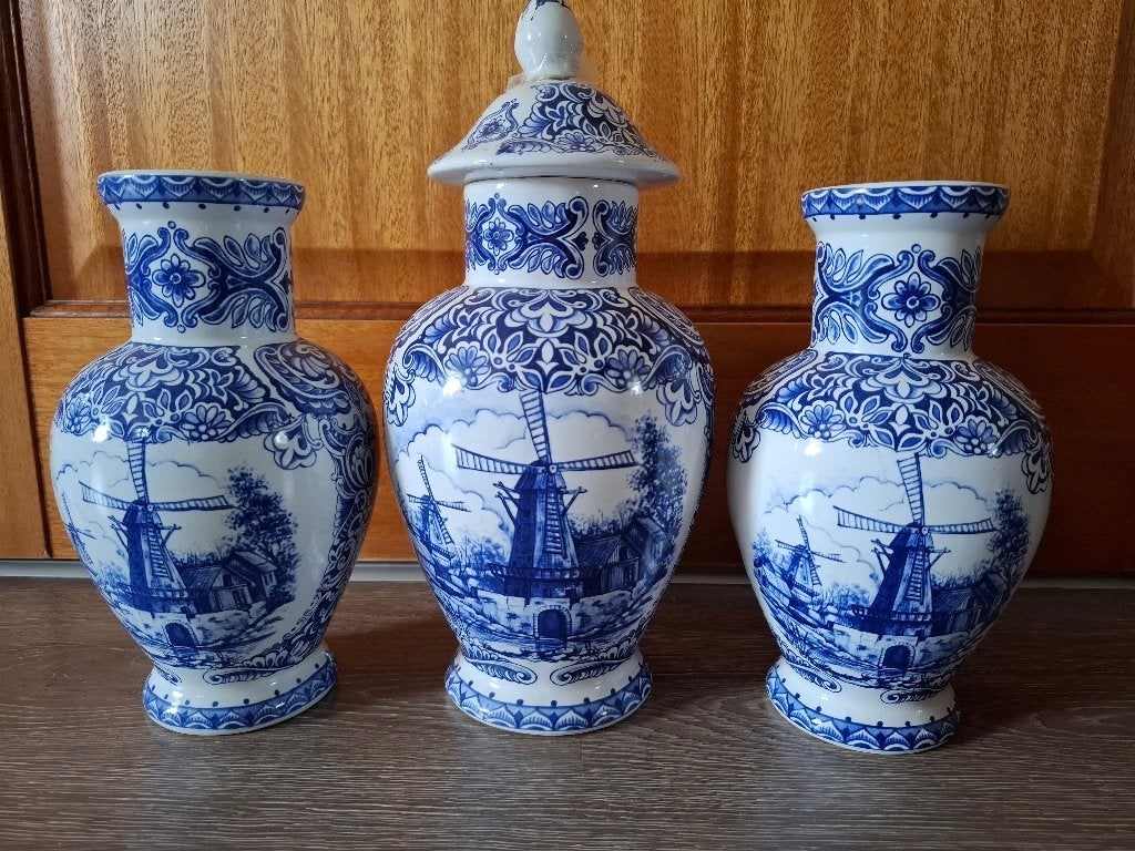 Antieke T. Delfts Bleauvazen/kruiken met molens erop., Antiek en Kunst, Ophalen of Verzenden