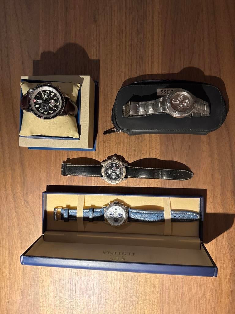 4 Herenhorloges: 2x Festina, ESQ Swiss, Guess - 3 met doos, Overige merken, Overige materialen, Gebruikt, Polshorloge