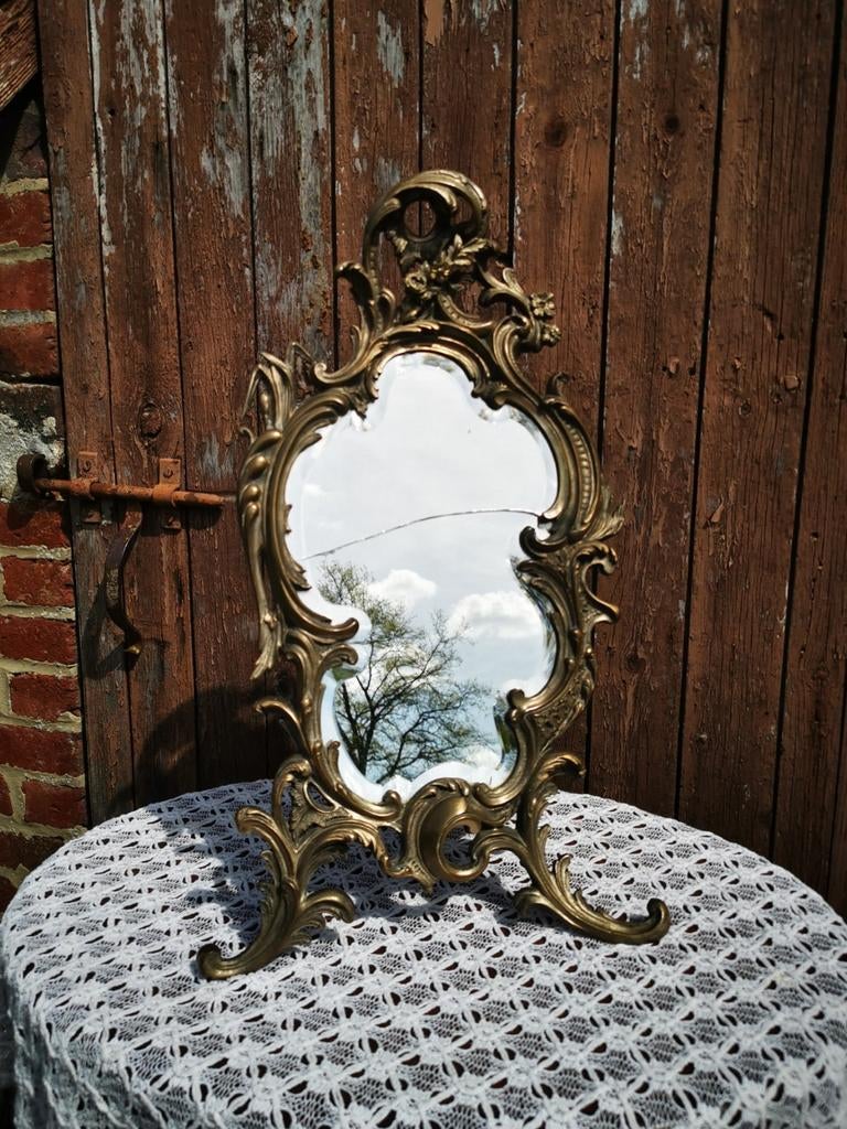 Antieke kuifspiegel artnouveau Jugendstil brons Miekje, Ophalen, Overige vormen, Minder dan 100 cm