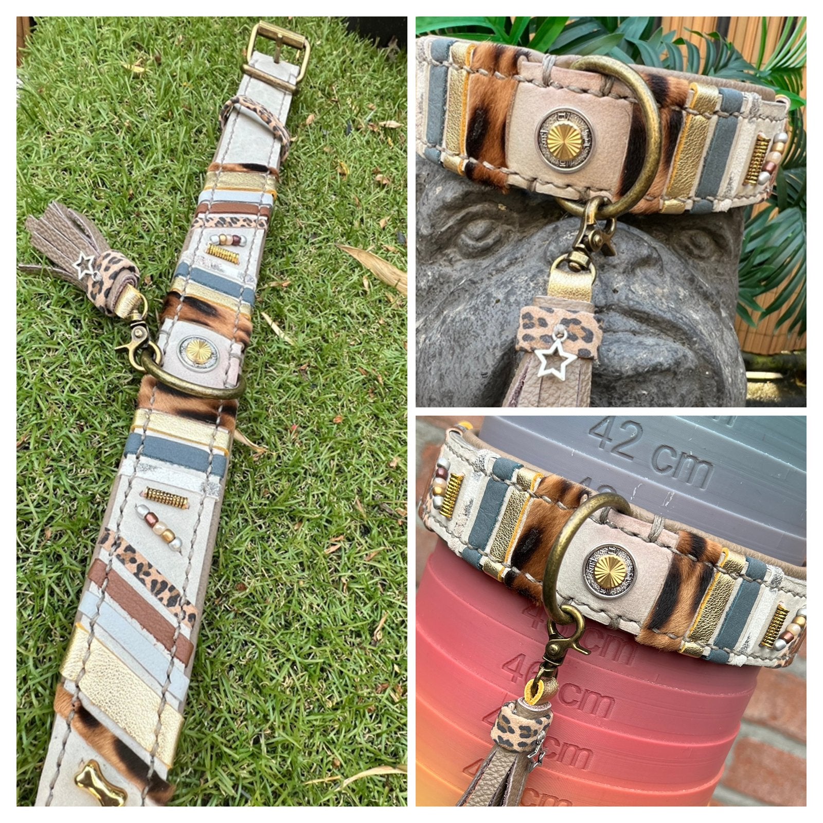 Trendy halsband pastelgrijs leer taupe nappa decor 42-52 cm, Ophalen of Verzenden, Nieuw