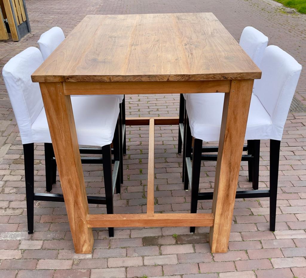 Hoge (bar)tafel teakhout met 4 barstoelen, Huis en Inrichting, Tafels | Statafels, Ophalen, Gebruikt