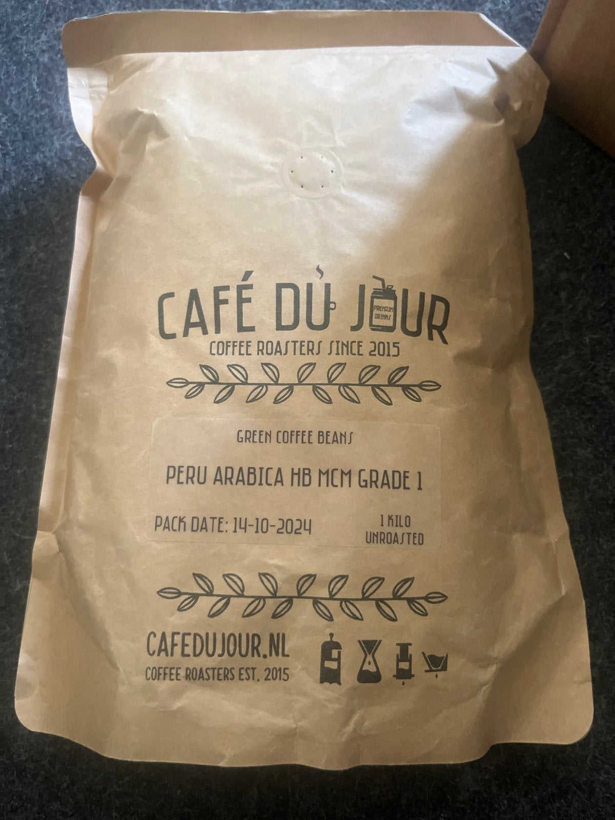 Café du Jour Peru Arabica HB MCM Grade 1 Ongebrande Koffiebo, Ophalen, Overige modellen, 10 kopjes of meer, Nieuw