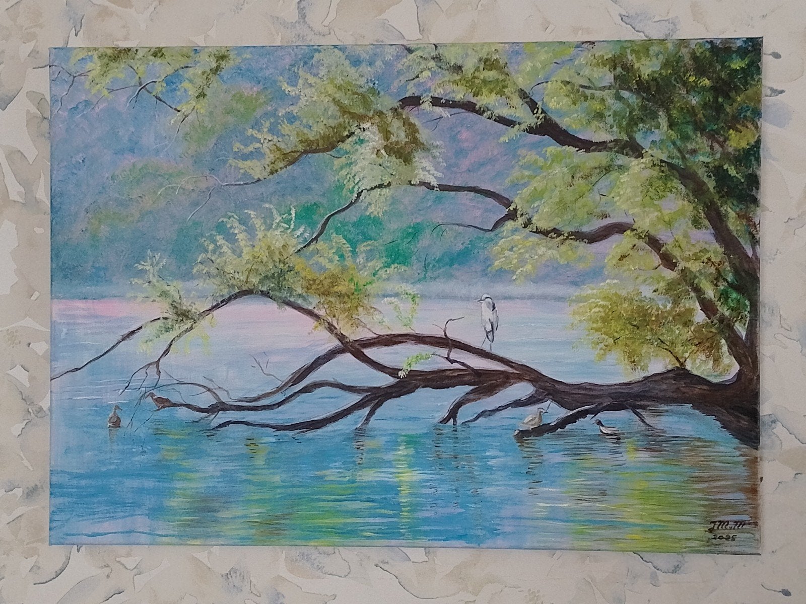 Olieverfschilderij 50x70cm - Landschap met water en vogels, Ophalen