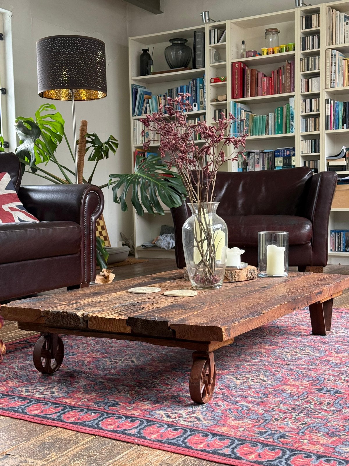 Industriële salontafel van oude spoorwagon vloerplanken, Ophalen, Gebruikt, Rechthoekig, 50 tot 100 cm