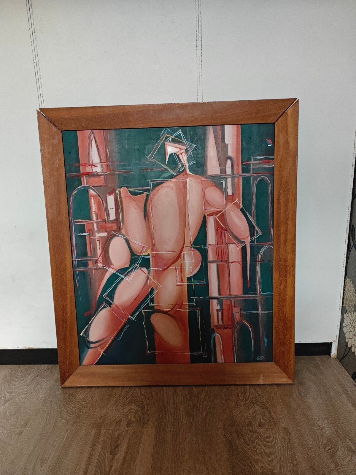 Abstract Schilderij met Hardhouten Lijst - 80 x 95 cm, Antiek en Kunst, Ophalen