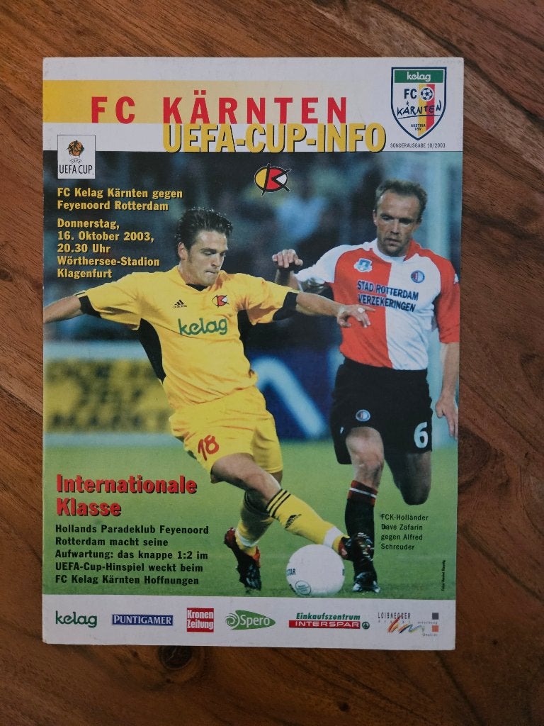 ⚽ Programma Uefa-Cup Fc Karnten - Feyenoord 2003-2004 ⚽, Verzamelen, Sportartikelen en Voetbal, Ophalen of Verzenden, Zo goed als nieuw