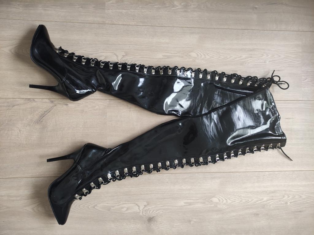 Zwarte lak overknee laarzen met veters en hoge hak, Hoge laarzen, Verzenden, Zwart, Onbekend