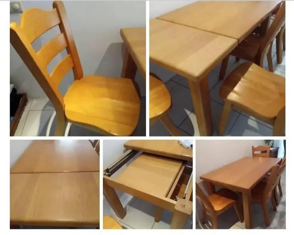 Massief eiken eettafel met 4 stoelen, uitschuifbaar, Ophalen, Gebruikt, Eikenhout, 50 tot 100 cm