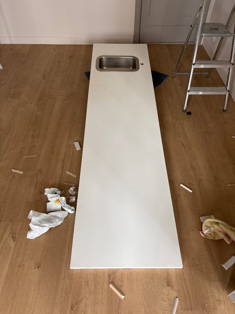 T.E.A.B. - tijdelijk keukenblad met wasbak, Ophalen, 200 cm of meer, Wit, 50 tot 100 cm