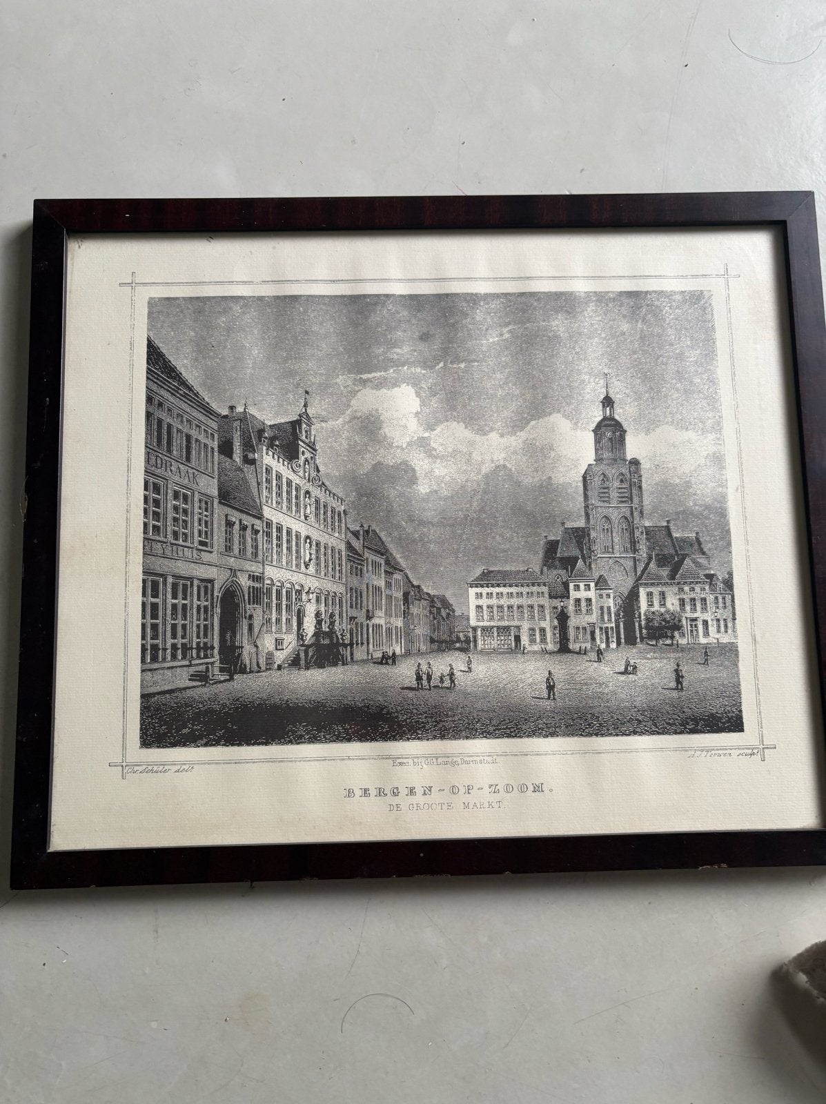 Prent Bergen op Zoom, De Groote Markt, Ingelijst, 1800 - 1899, Stadsgezicht, Ophalen of Verzenden