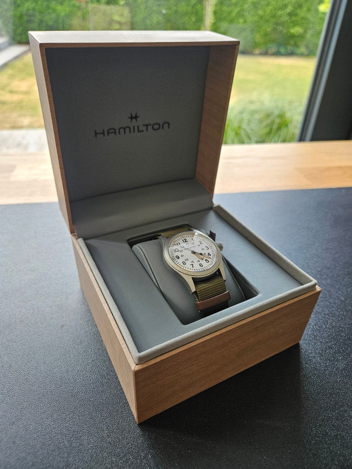 Hamilton Khaki Field H-50 Handwinder 38mm – Complete set, Ophalen of Verzenden, Leer, Overige merken