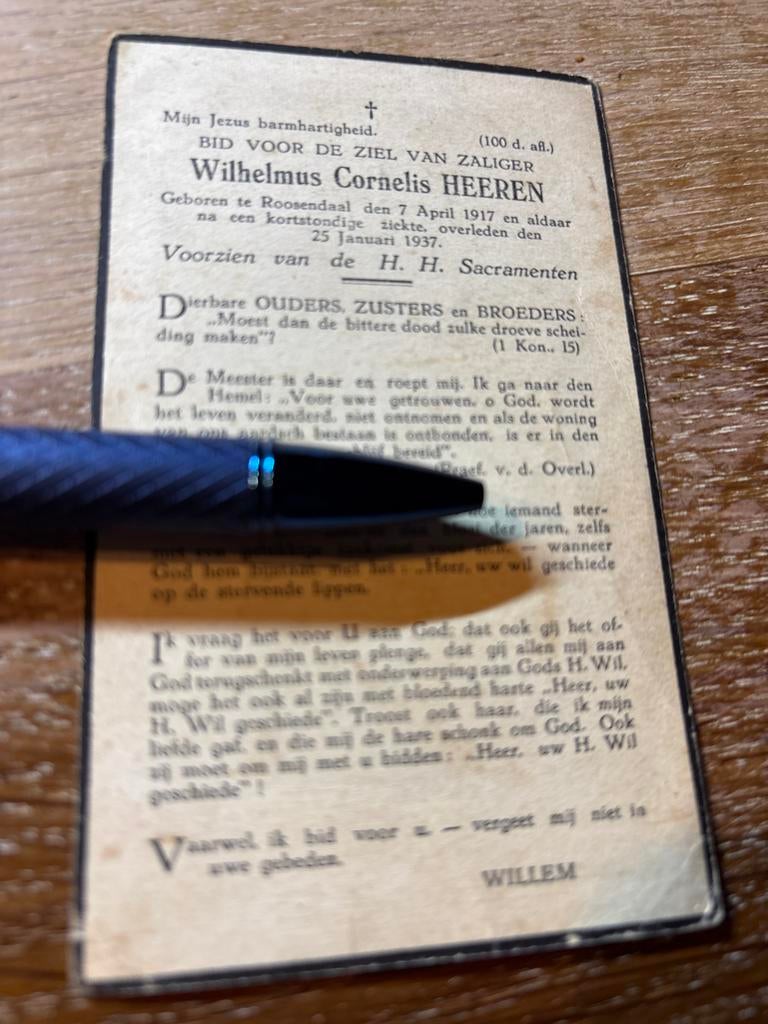 Heeren Wilhelmus 1917 Roosendaan 1937, Verzamelen, Bidprentjes en Rouwkaarten, Ophalen of Verzenden, Bidprentje