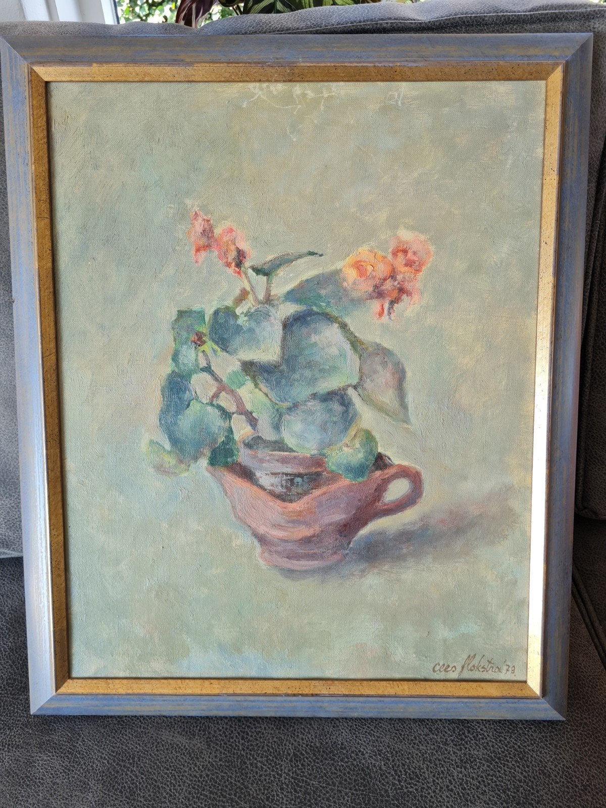 Vintage schilderij: Bloempot met bloeiende plant, Antiek en Kunst, Kunst | Schilderijen | Klassiek, Ophalen of Verzenden