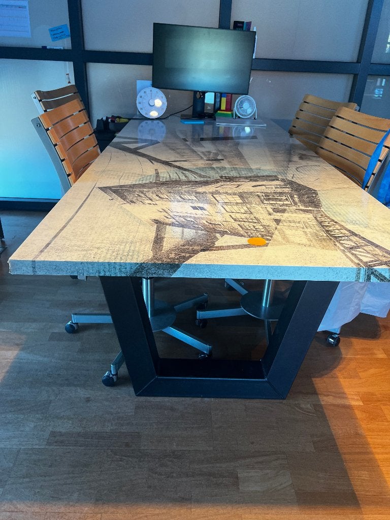 Grote vergadertafel / industriële tafel + 4 stoelen, Huis en Inrichting, Tafels | Eettafels, Ophalen, Gebruikt, 100 tot 150 cm
