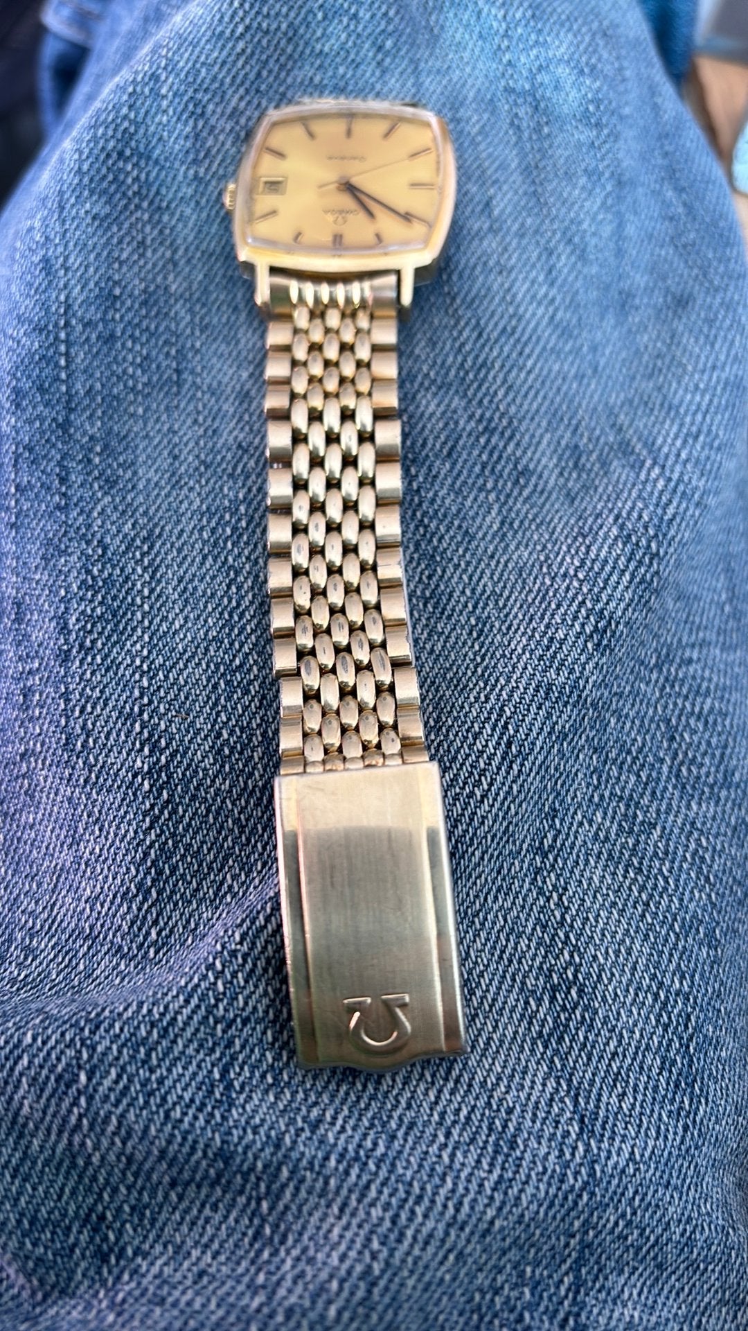 Omega bead of rice band orgineel goud verguld, Gebruikt, Polshorloge, Ophalen of Verzenden, Goud