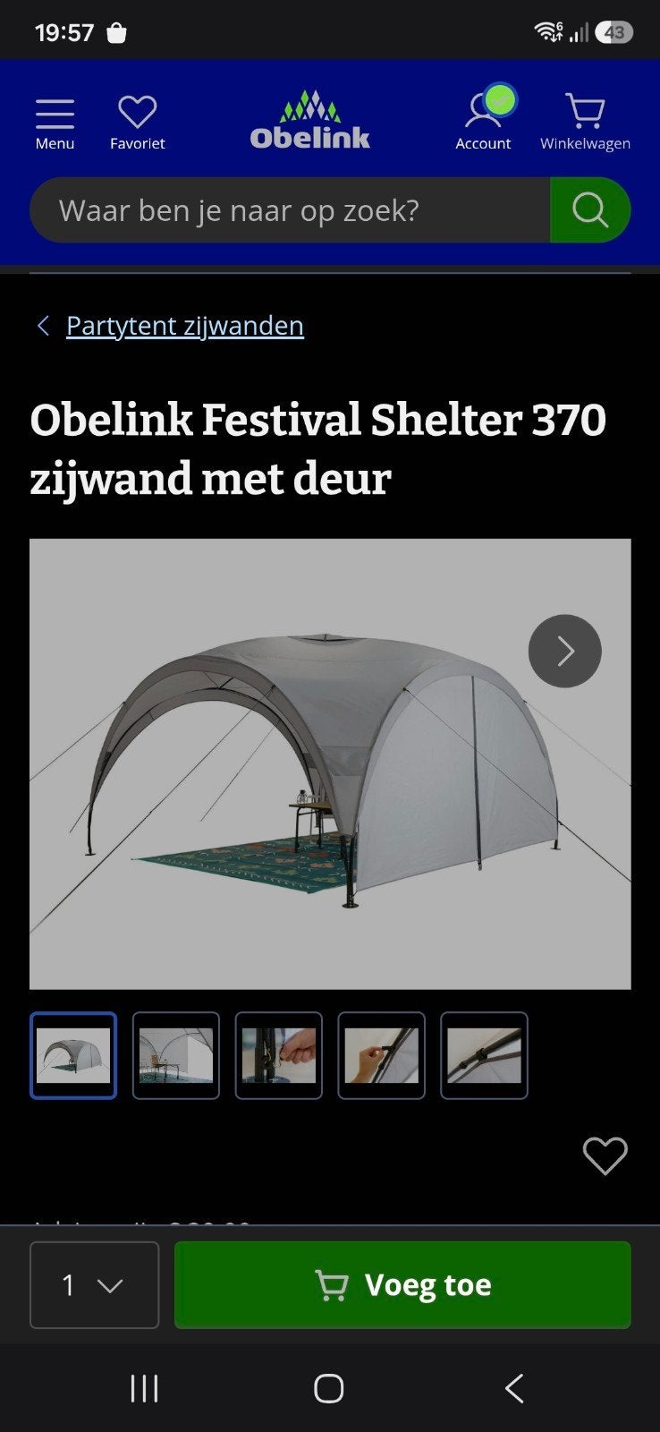 Obelink Festival Shelter 370 zijwand met deur, Ophalen of Verzenden, Nieuw