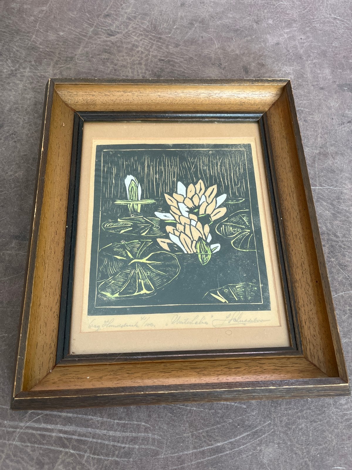 Vintage Houtsnede "Waterlelie" - Gesigneerd en Genummerd, Antiek en Kunst, Ophalen, Houtsnede, Flora en Fauna, 1950 - 1999