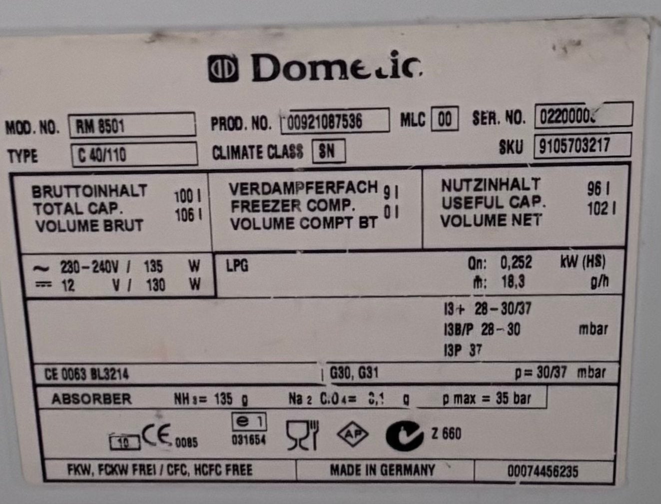 Onderdelen Dometic RM 8501 Koelkast 12V en 220V, Caravans en Kamperen, Ophalen of Verzenden, Gebruikt