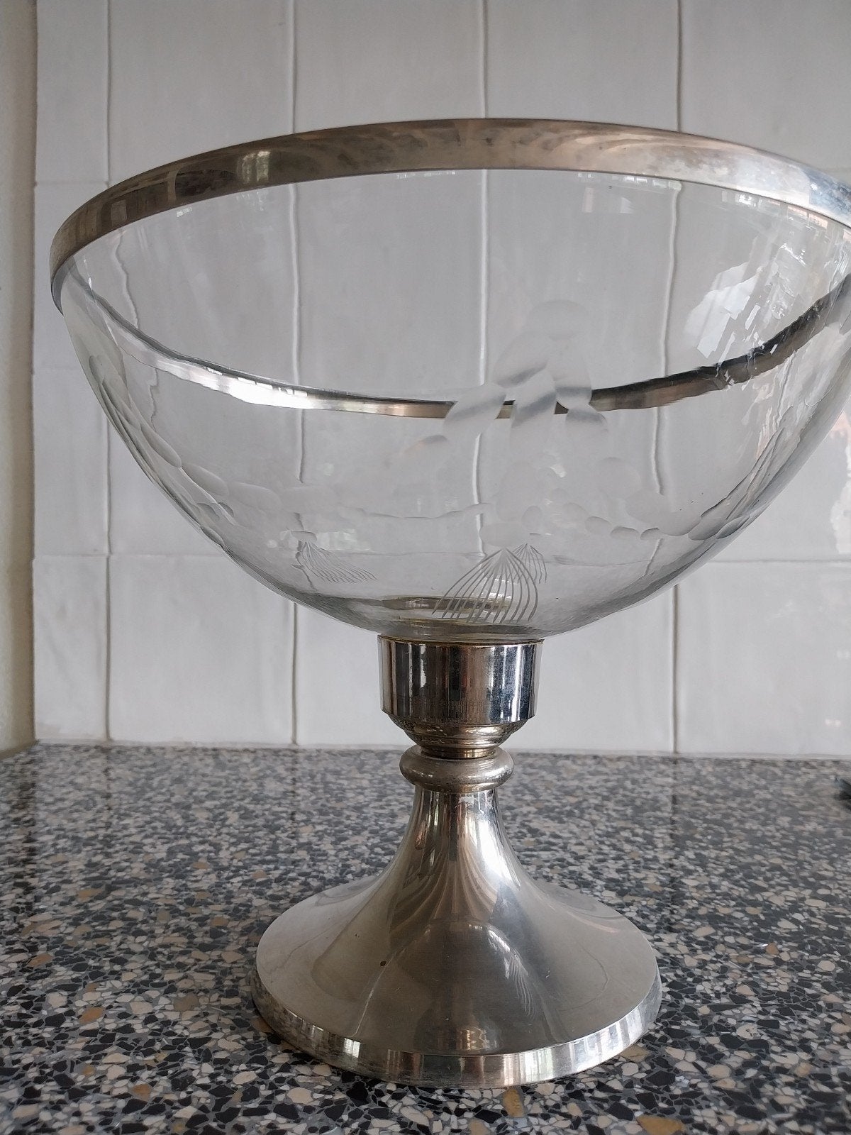 Vintage Glazen Fruitschaal met Zilveren Voet, Antiek en Kunst, Ophalen of Verzenden