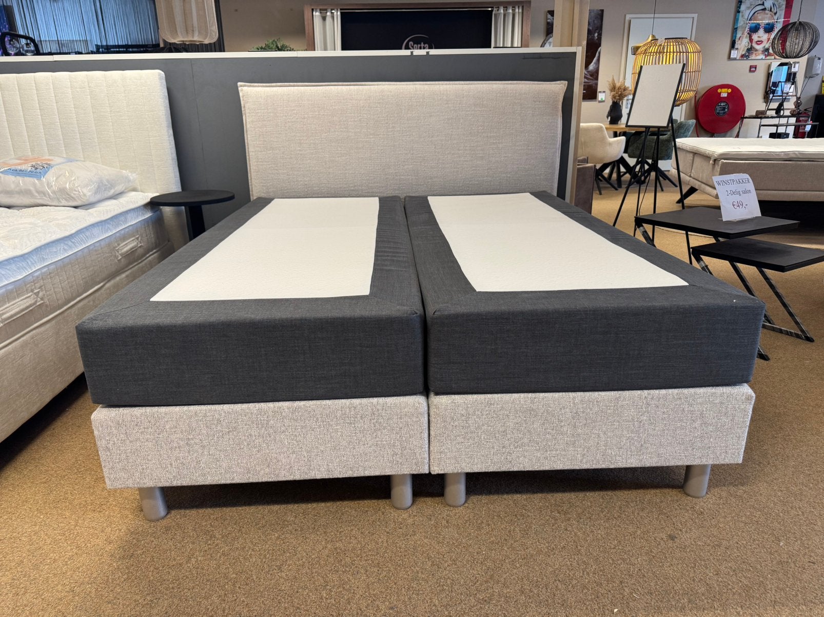 Boxspring 160 x 200cm Beige/Grijs  €495,- Direct/Leverbaar, Ophalen, Beige, Mwonenenslapen, Mwonenenslapen@ziggo.nl