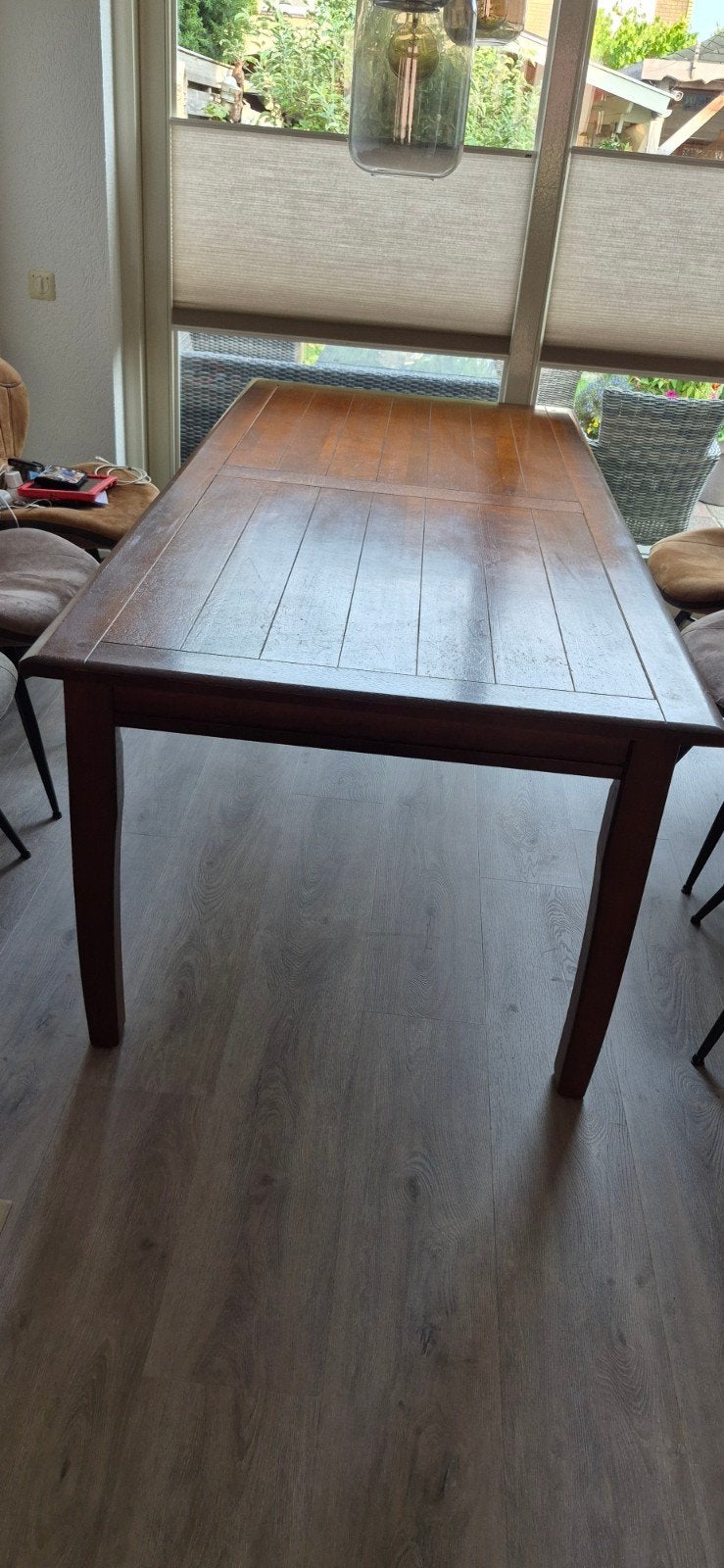 Mahoniehouten eettafel afm 220x100x77 cm., Ophalen, Gebruikt, Klassiek, Robuust, 200 cm of meer