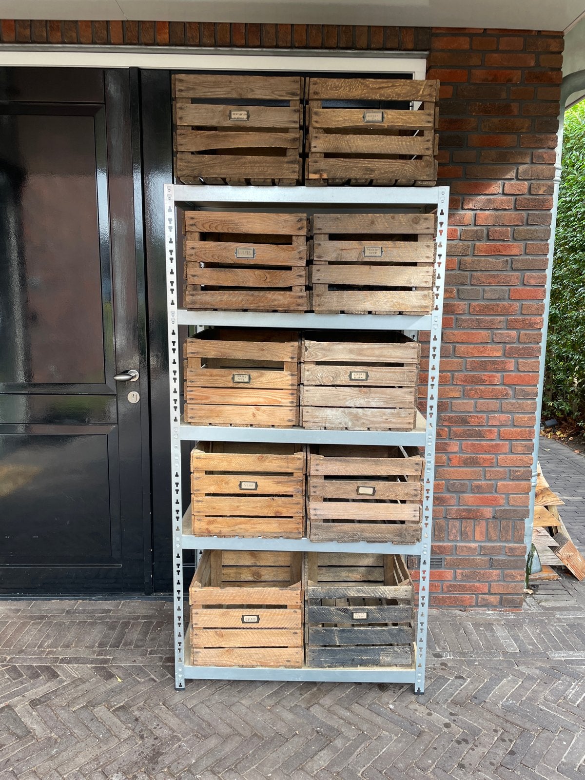 Metalen rek met houten kisten - Opslag en decoratie, Ophalen, Gebruikt, 40 tot 60 cm, 75 tot 100 cm