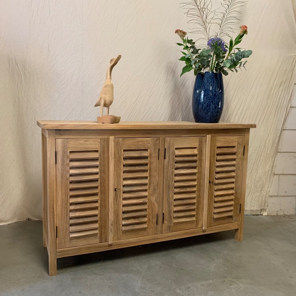 teak dressoir met 4 louvre deuren - Gratis bezorgd