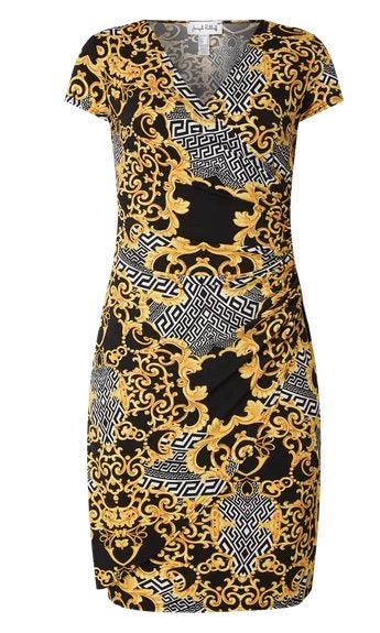 Joseph Ribkoff elegant zwart/gele stretch jurk mt 44, Kleding | Dames, Jurken, Overige kleuren, Verzenden, ., Maat 42/44 (L)