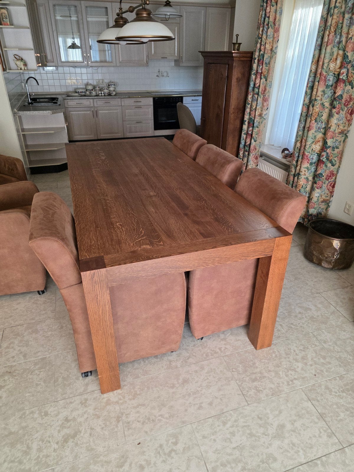 Eiken eettafel met 6 stoelen van De Bommel, Ophalen, Gebruikt, 100 tot 150 cm, 200 cm of meer