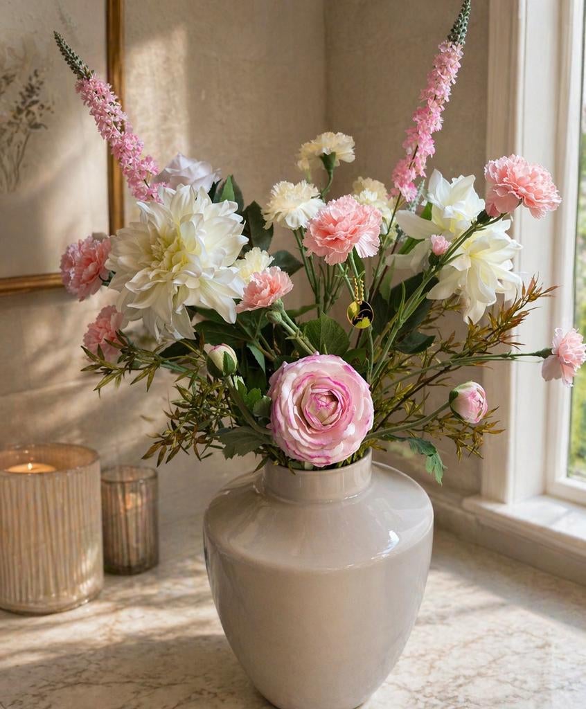 Vaas vase the world met zijdeboeket - onderhoudsvrij, Binnen, Ophalen of Verzenden, Inclusief kunstbloemen, Boeket