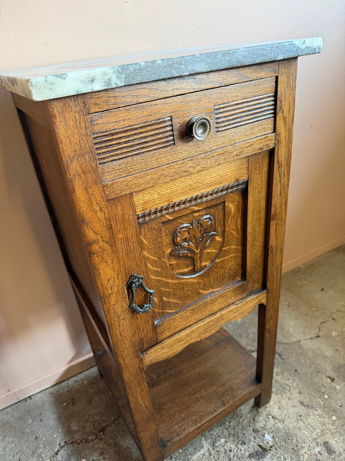Vintage houten kastje nachtkastje eik met marmeren blad, Huis en Inrichting, Kasten | Overige, Ophalen, Gebruikt