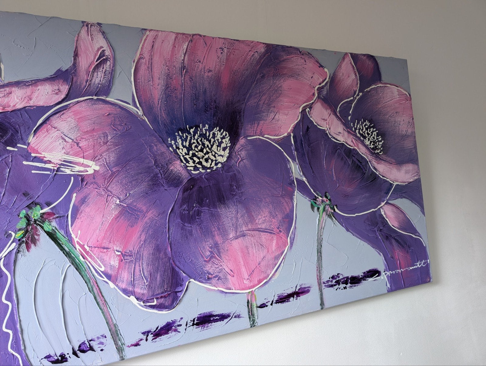 Schilderij met paarse bloemen, acrylverf op doek, Ophalen, Acrylverf, Handgeschilderd, Bloemen