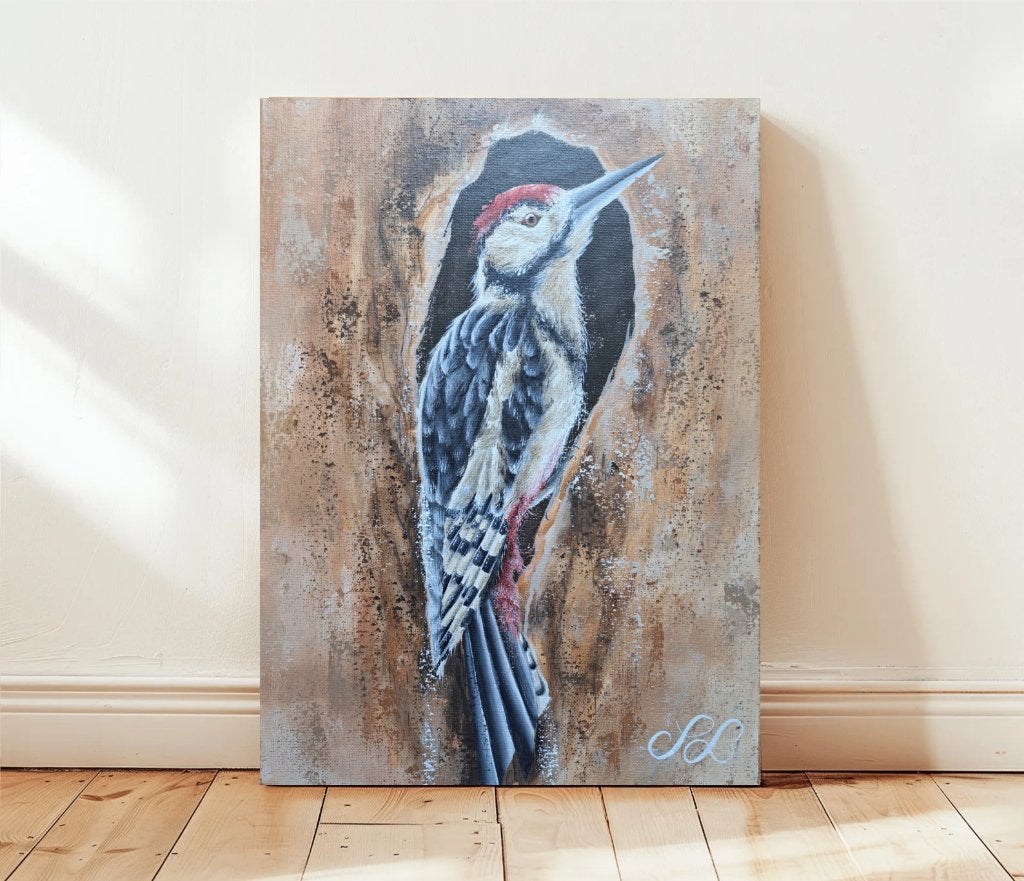 Handmade Woodpecker Painting (30x40 cm), Verzenden