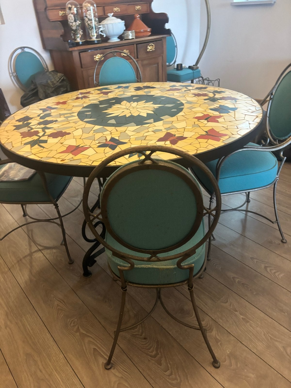Unieke mozaïek tuintafel met stoelen, Ophalen, Gebruikt, 100 tot 150 cm, Rond