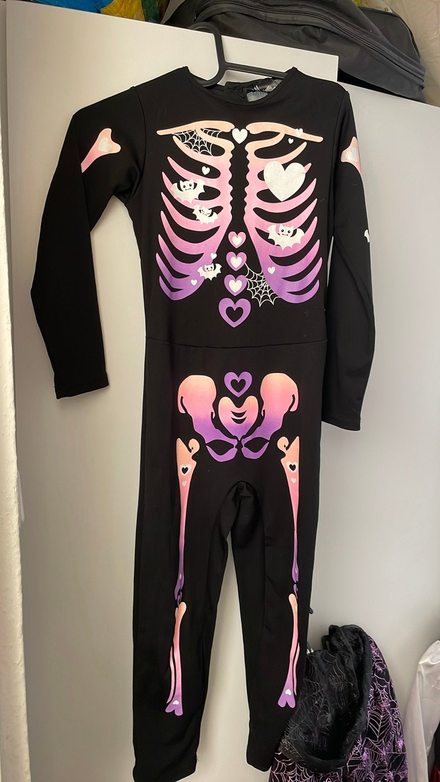 Haloween verkleedpak Skelettenpak roze en paarse accenten, Ophalen of Verzenden, Gebruikt, 134 t/m 140, Meisje