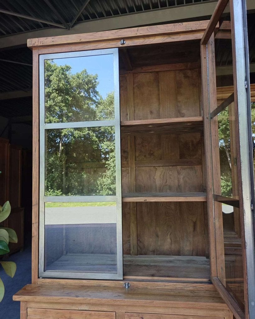 stoere hoge vitrinekast | Reclaimed teak met staal #6682, Huis en Inrichting, Gebruikt, Met deur(en), -, 200 cm of meer