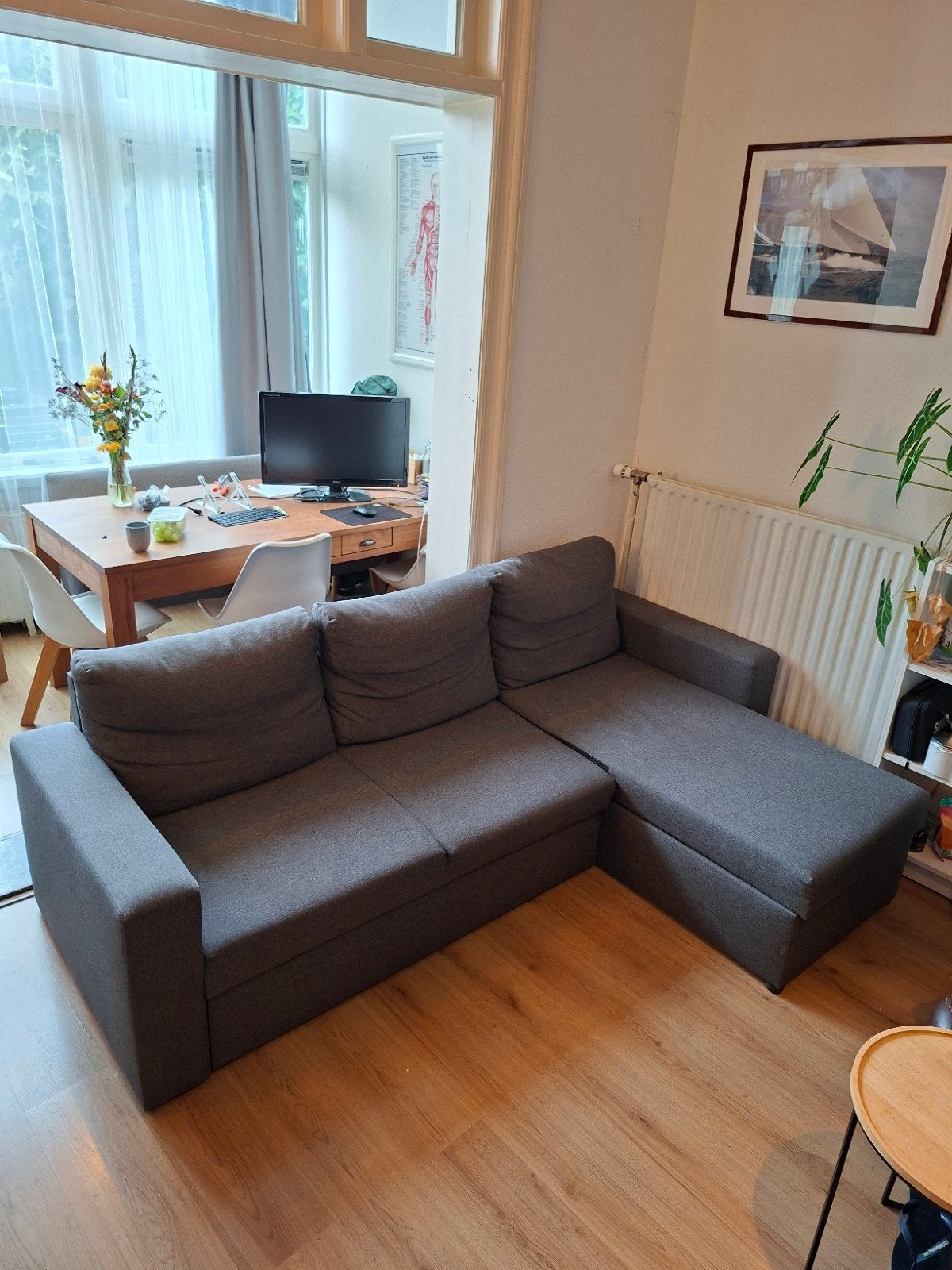 Grijze hoekbank en slaapbank, Ophalen, Gebruikt, 125 tot 150 cm, Modern, Functioneel