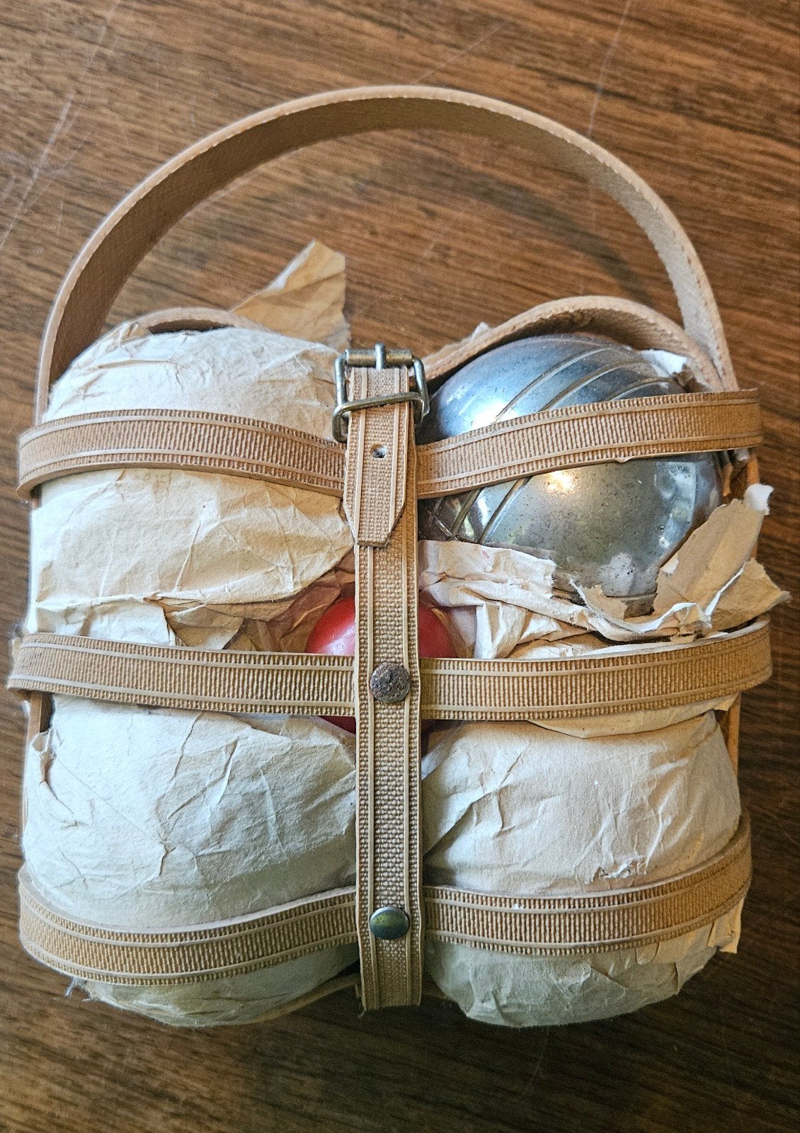Vintage Petanque Set - 4 metalen ballen met leren houder, Ophalen of Verzenden, Gebruikt
