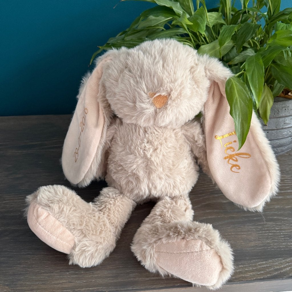 Knuffel konijn beige met naam gepersonaliseerd, Ophalen of Verzenden, Nieuw, Kraamcadeau