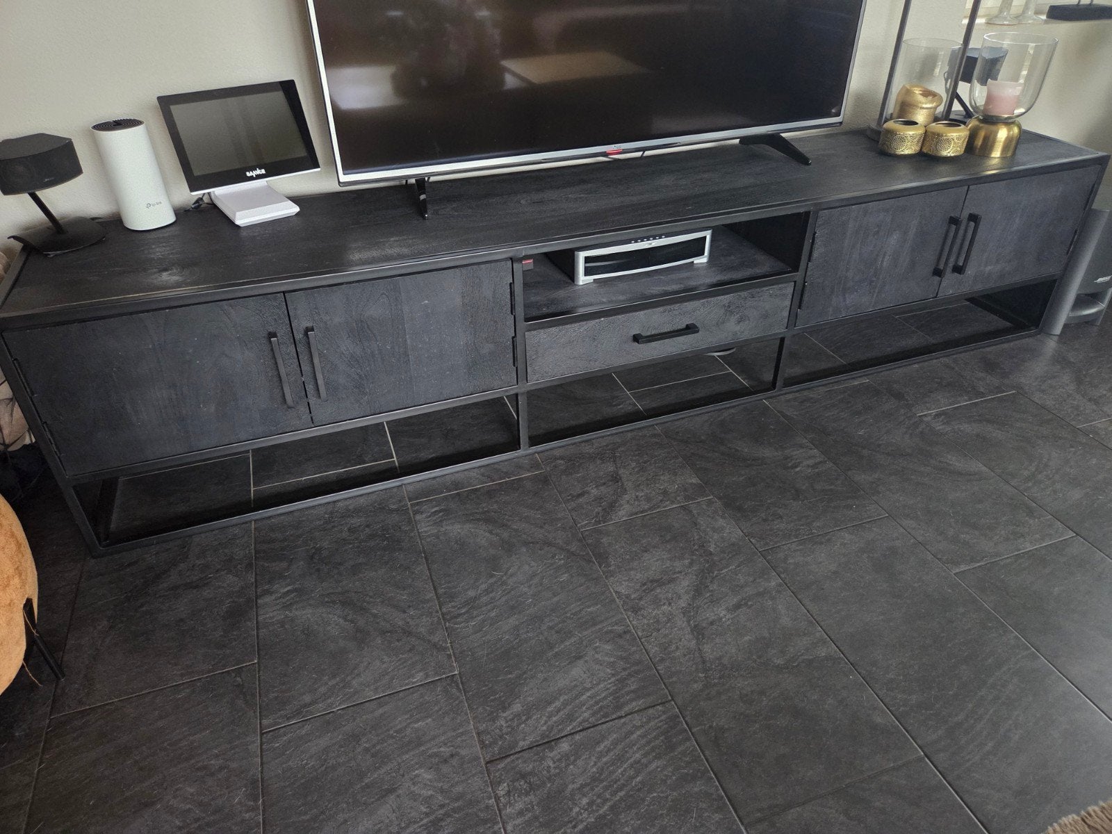 Industriële mango houten tv meubel, Ophalen, Zo goed als nieuw, 200 cm of meer, Minder dan 100 cm