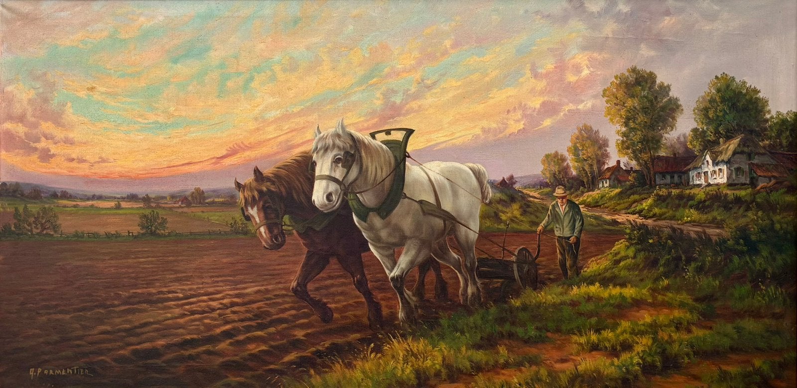 “Ploegende Paarden bij zonsondergang”. G. Parmentier. (1870), Ophalen, Doek, Dieren, Olieverf