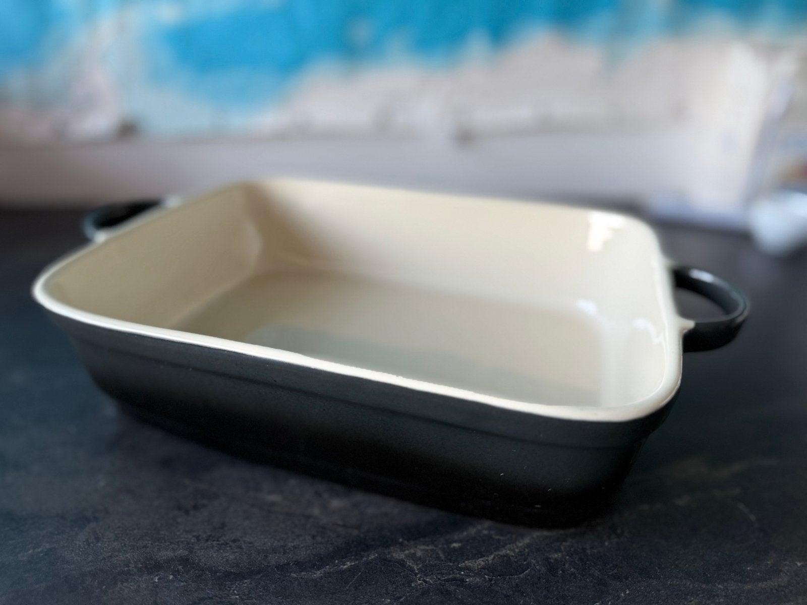 Ovenschaal zwart/crème, 28x20x7cm, zo goed als nieuw, Overige typen, Ophalen of Verzenden, Zo goed als nieuw, Steen/keramiek