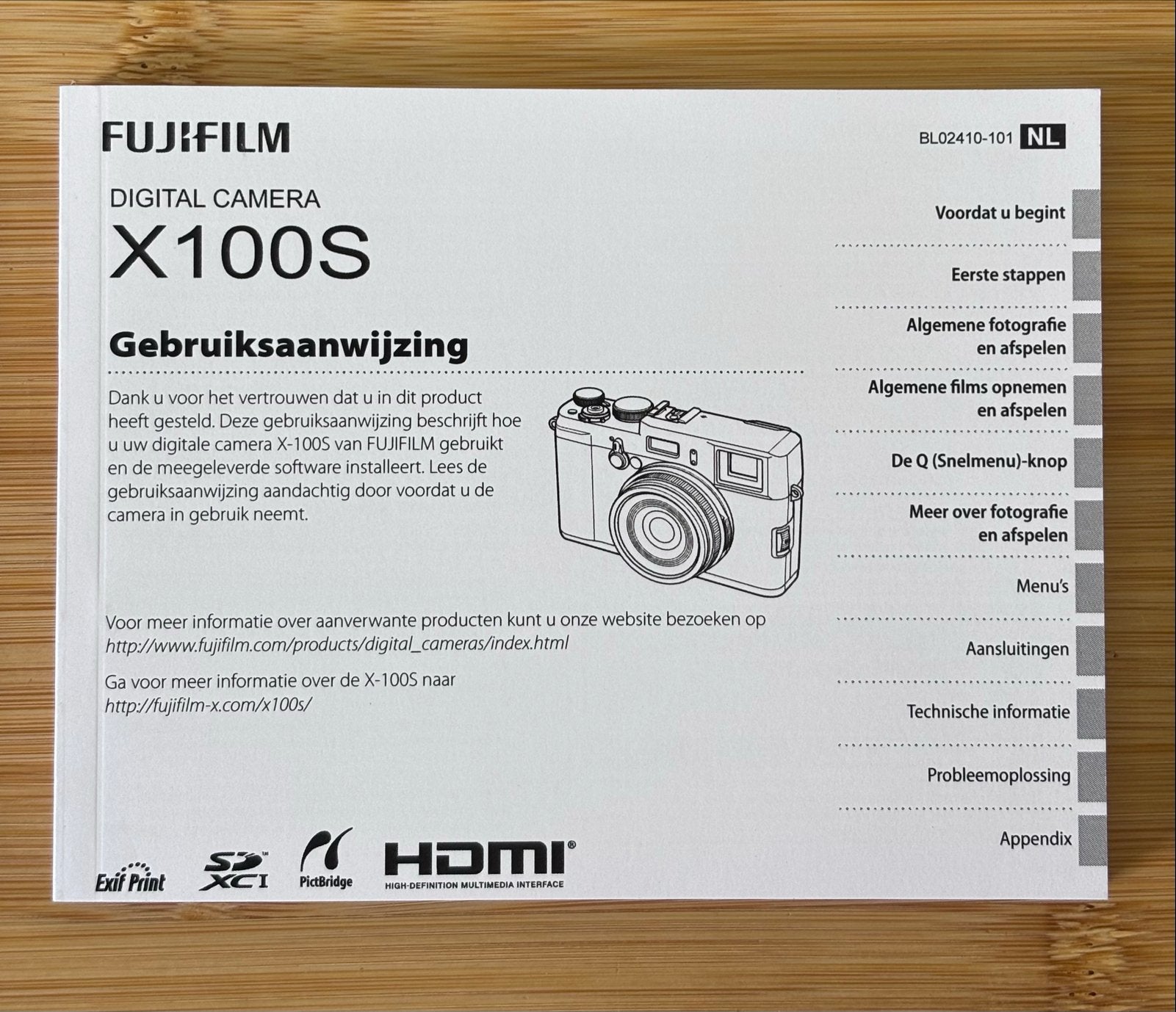 Fujifilm X100S nederlandstalige Gebruiksaanwijzing, Ophalen of Verzenden, Zo goed als nieuw, Geen optische zoom