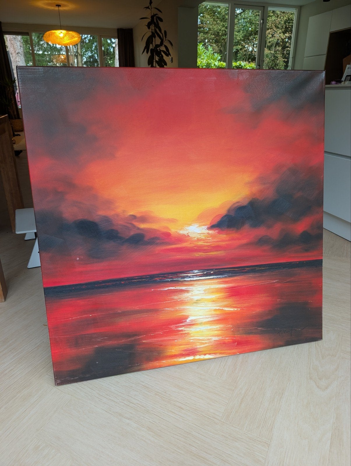 prachtig canvas schilderij ondergaande zon 100 x 100, Antiek en Kunst, Ophalen