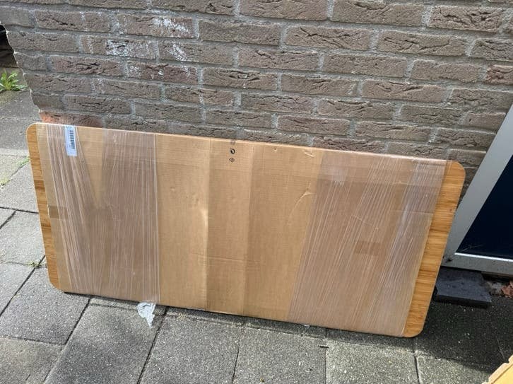 Tafelblad bamboe met onderstel, tafelpoten RVS - roestig, 100 tot 150 cm, 50 tot 100 cm, Zo goed als nieuw, Tafelblad