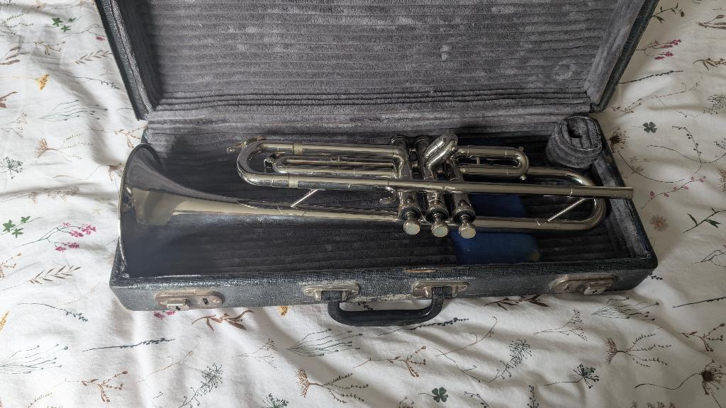 Schenkelaars Trompet, Muziek en Instrumenten, Blaasinstrumenten | Trompetten, Gebruikt, Bes-trompet, Met koffer, Ophalen