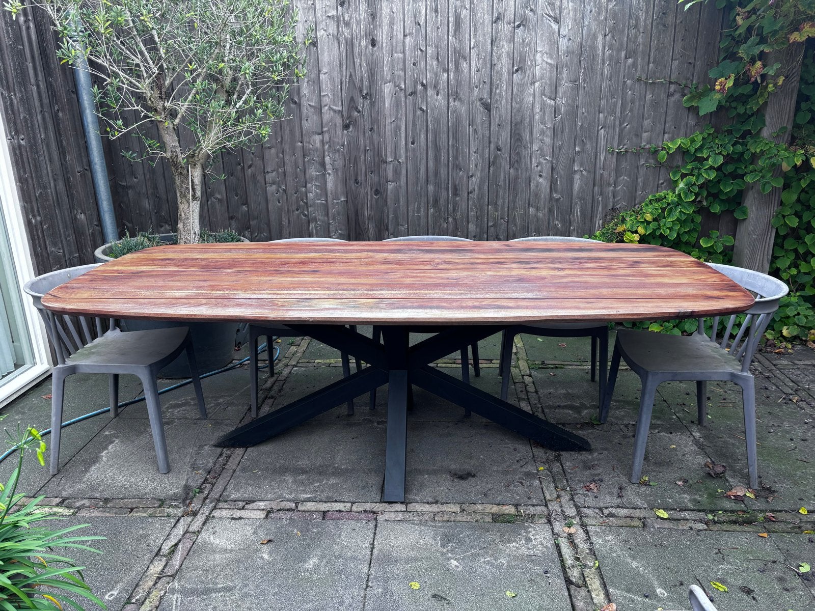 Hardhouten Deens ovale tafel met kruispoot 260x110, Ophalen, Gebruikt, Ovaal, Hout