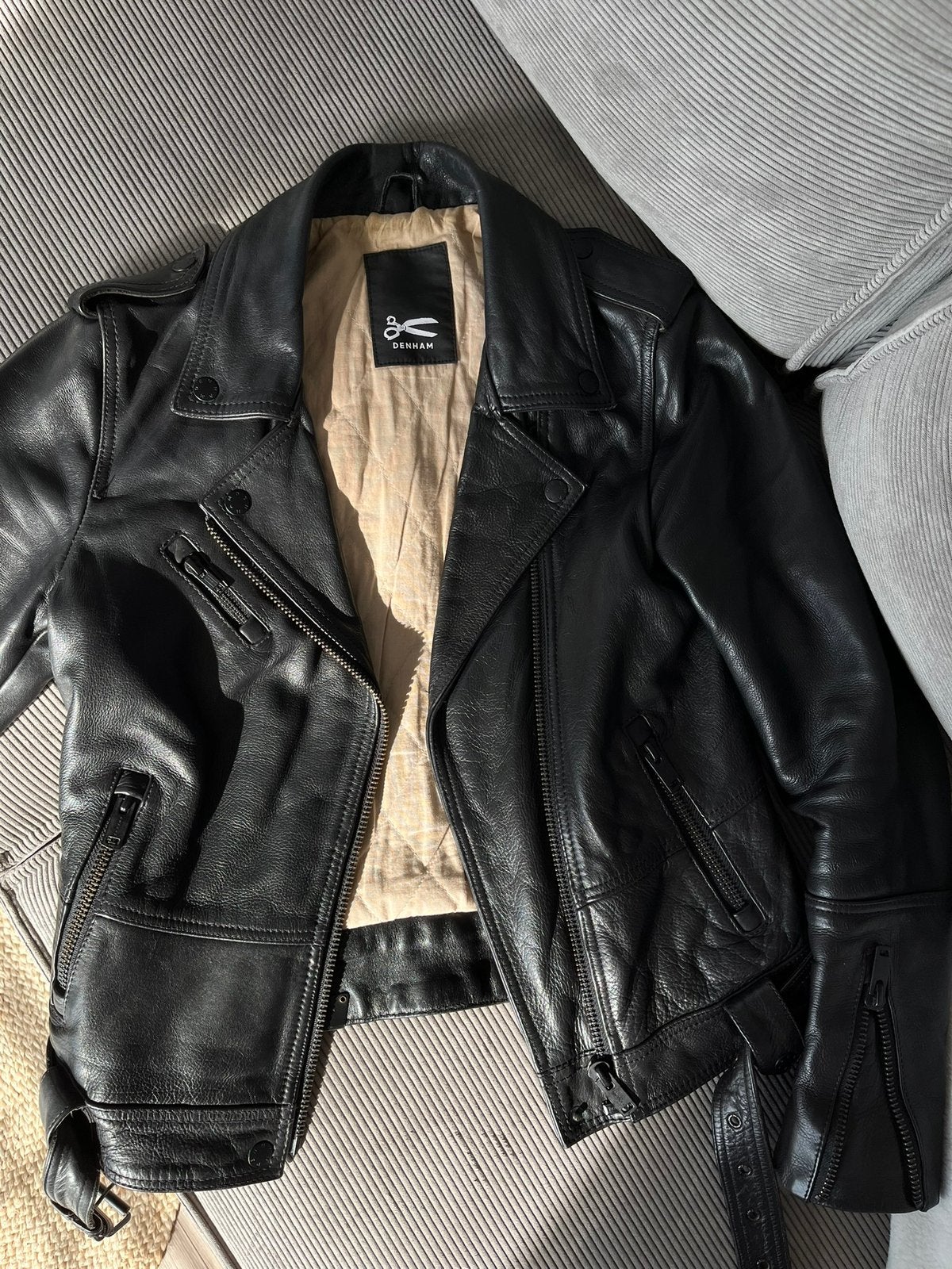 Denham zwart leren bikerjack, Ophalen of Verzenden, Zo goed als nieuw, Maat 34 (XS) of kleiner, Zwart